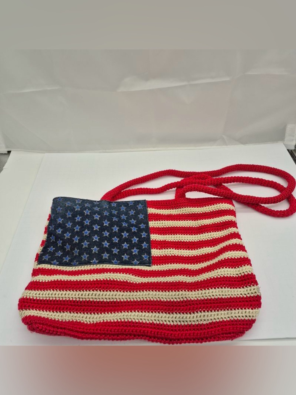 American Flag Patriotic Crochet Shoulder Bag Purse Zip Top Lined Inner Pockets
